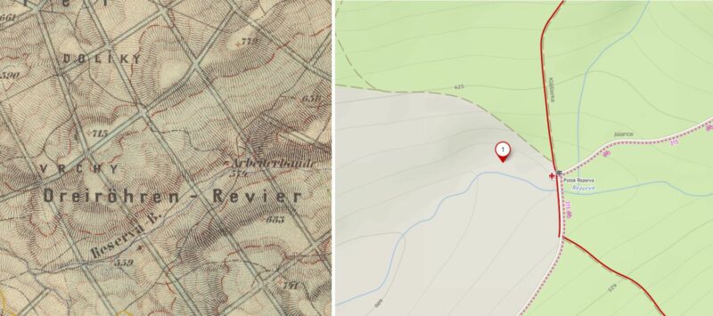 Anýžova mapa na III. vojenském mapování a na mapách současných