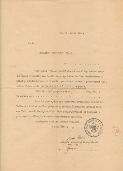 Žádost o povolení - 1926 (štafeta A.B. Svojsík)