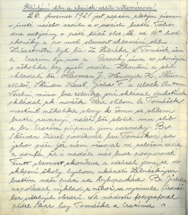 Zápis z deníku o slibu komárovských skautů (1921)