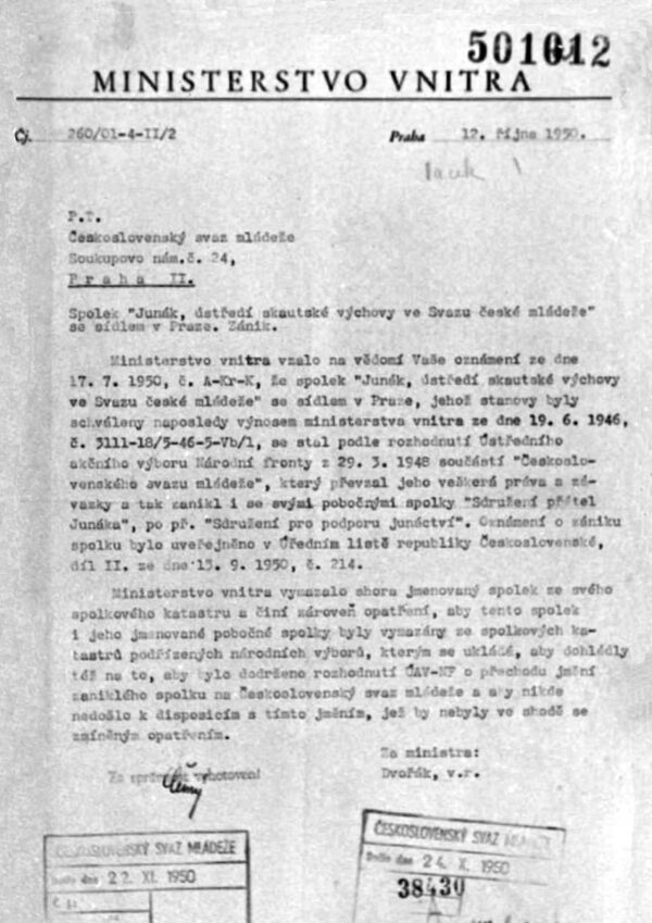 Výměr ministerstva vnitra o zániku spolku Junák (1950)